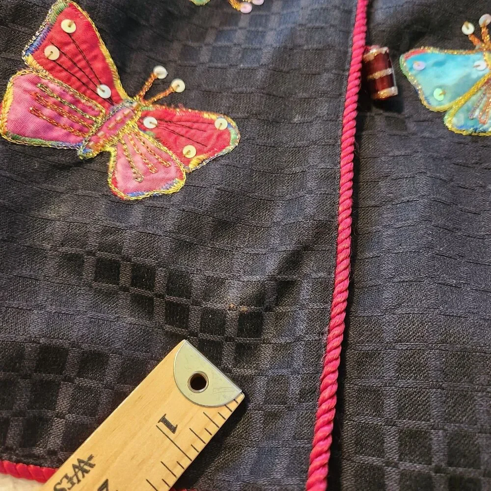 Indigo Moon Appliqué Embroidered Sequin Colorful Butterfly Black Jacket Womens M